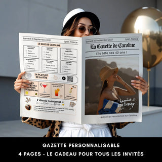 Femme tenant et lisant la Gazette personnalisable 4 pages d'un anniversaire 40 ans, avec quiz, playlist et photo de couverture, entourée de ballons dorés.