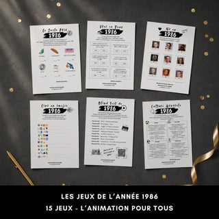 Six fiches de jeux d'anniversaire personnalisables sur le thème de l'année 1986 posées à plat : Le Juste Prix, Vrai ou Faux, Né en 1986, Ciné en émojis, Blind Test et Culture Générale, pack de 15 jeux.