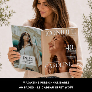 Femme tenant et lisant le magazine personnalisable Iconique édition anniversaire 40 ans, 60 pages, avec couverture illustrée au prénom Caroline.