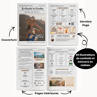 Détail des pages personnalisables de la Gazette d'anniversaire 40 ans : couverture, pages intérieures avec quiz et année de naissance, dernière page avec playlist et cocktails, 80 illustrations incluses.