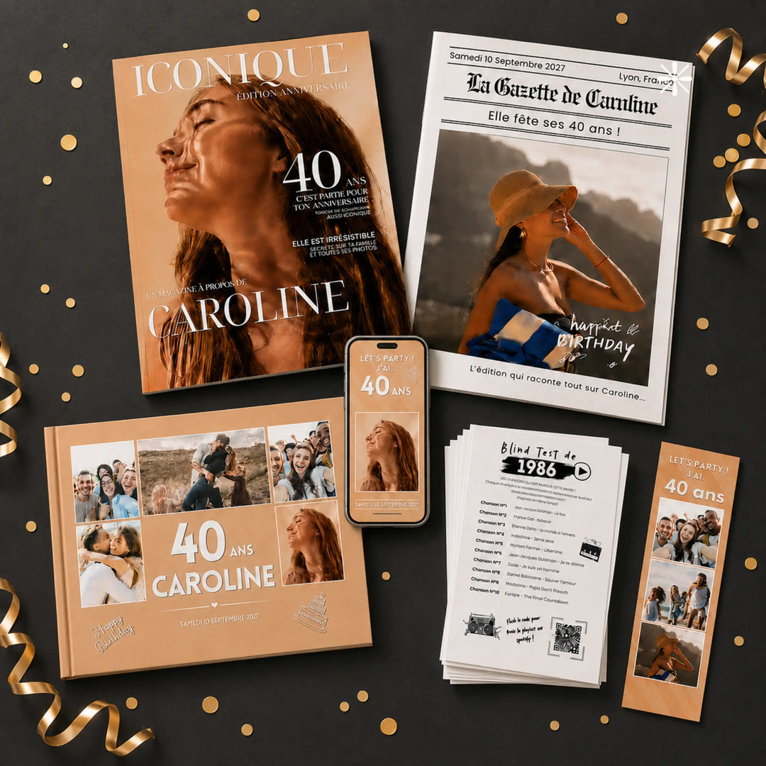 Vue d'ensemble du Kit Anniversaire 40 ans personnalisable posé à plat sur fond noir avec confettis dorés : magazine Iconique, Gazette, livre d'or, invitation digitale sur smartphone, jeux de l'année et marque-page.