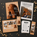 Vue d'ensemble du Kit Anniversaire 40 ans personnalisable posé à plat sur fond noir avec confettis dorés : magazine Iconique, Gazette, livre d'or, invitation digitale sur smartphone, jeux de l'année et marque-page.