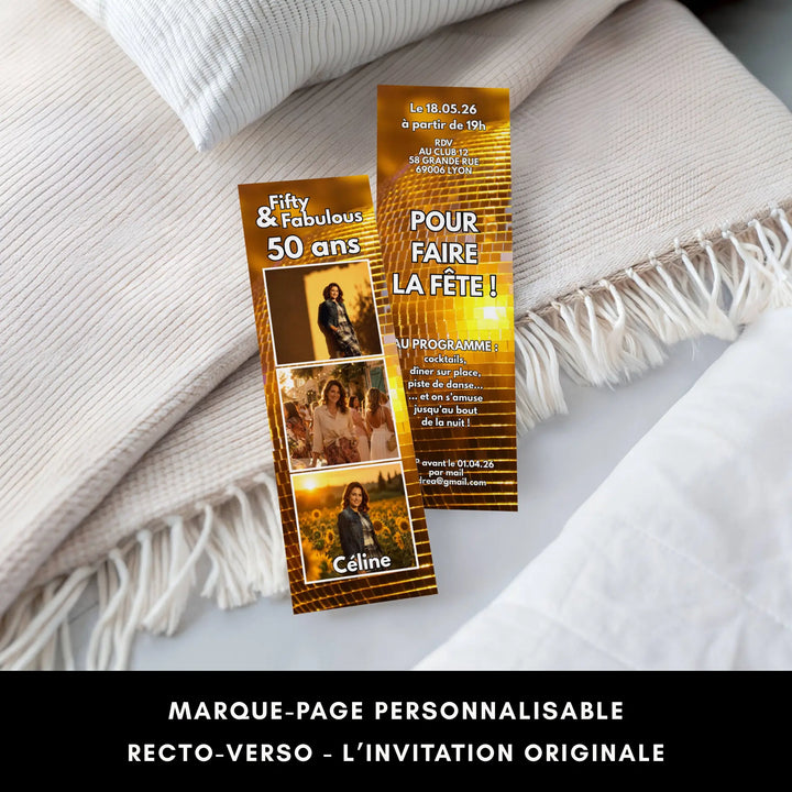 Marque-page invitation personnalisable recto-verso pour organiser un anniversaire 50 ans