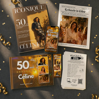 Kit anniversaire 50 ans personnalisable : magazine Iconique, gazette, livre d'or, invitation