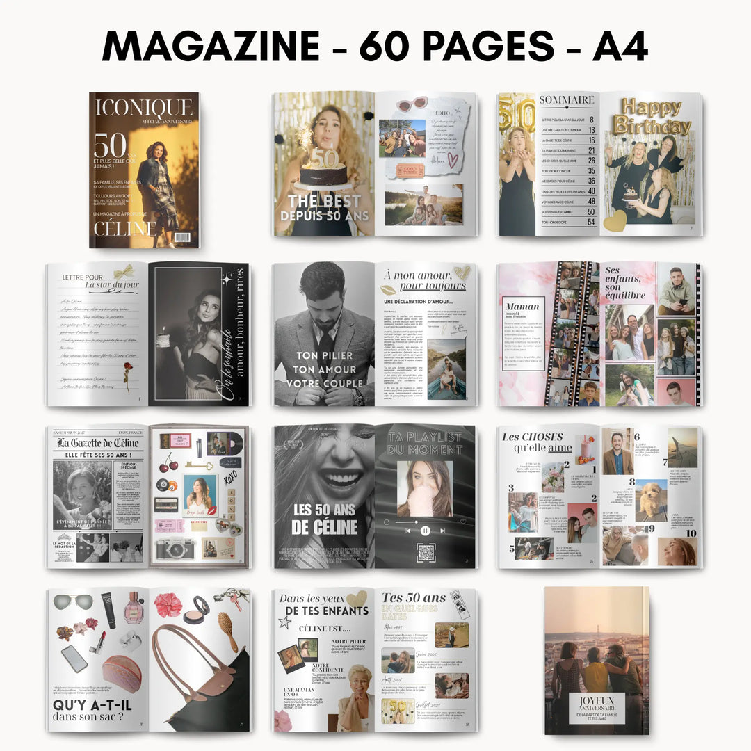 Détail des pages du magazine Iconique personnalisable anniversaire 50 ans, 60 pages A4