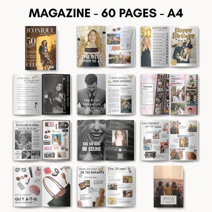 Détail des pages du magazine Iconique personnalisable anniversaire 50 ans, 60 pages A4