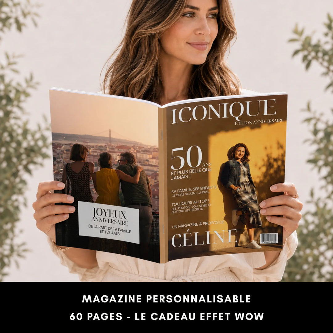 Femme lisant le magazine Iconique personnalisable anniversaire 50 ans, 60 pages