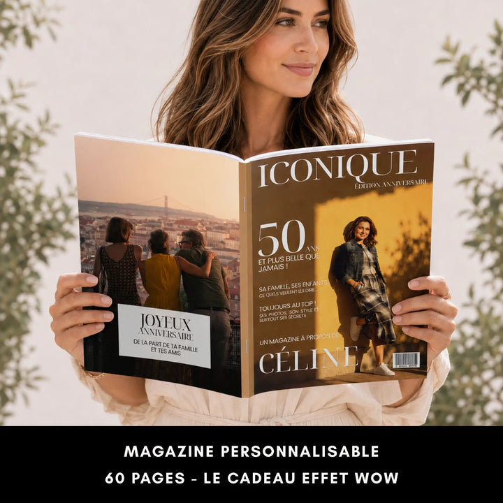 Femme lisant le magazine Iconique personnalisable anniversaire 50 ans, 60 pages