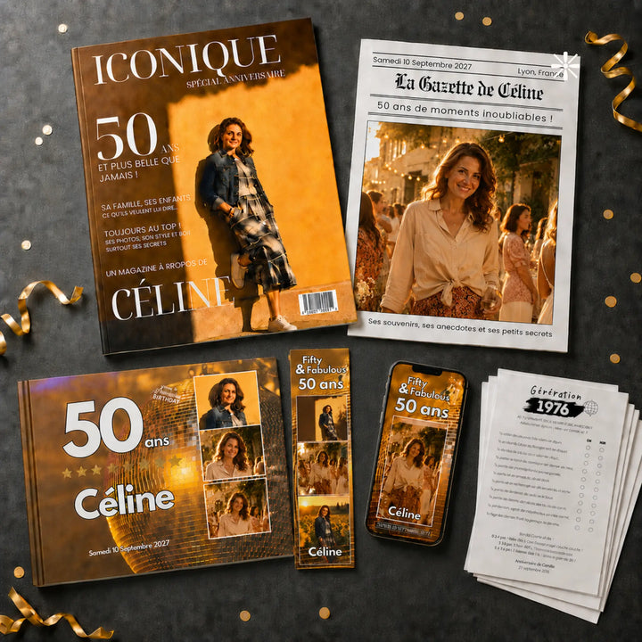 Kit anniversaire 50 ans personnalisable : magazine Iconique, gazette, livre d&