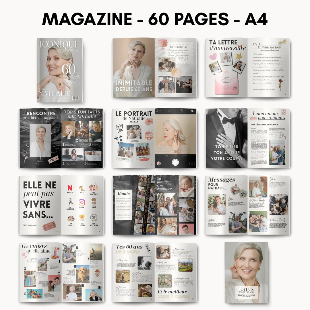 Magazine Iconique personnalisable anniversaire 60 ans, aperçu des 60 pages au format A4