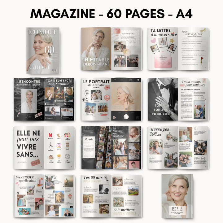Magazine Iconique personnalisable anniversaire 60 ans, aperçu des 60 pages au format A4
