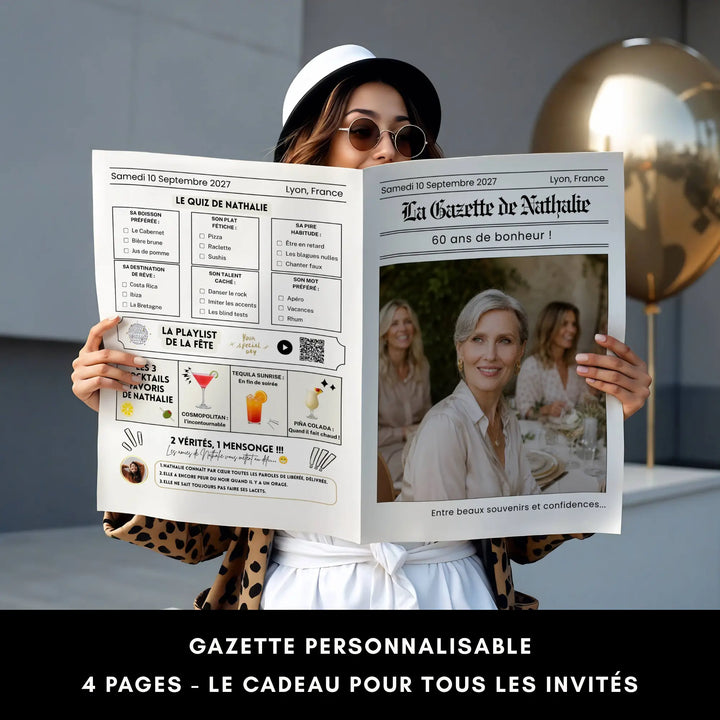 Gazette anniversaire 60 ans personnalisable, 4 pages avec quiz et cocktails de la fête