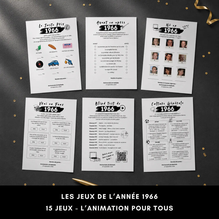 Jeux anniversaire 60 ans personnalisables, année 1966, blind test et culture générale