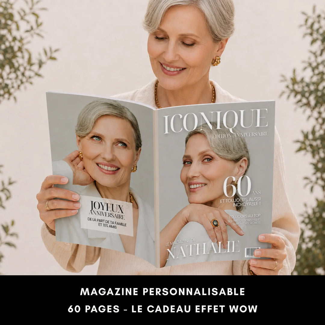 Magazine anniversaire 60 ans personnalisable, 60 pages, feuilleté par une femme souriante