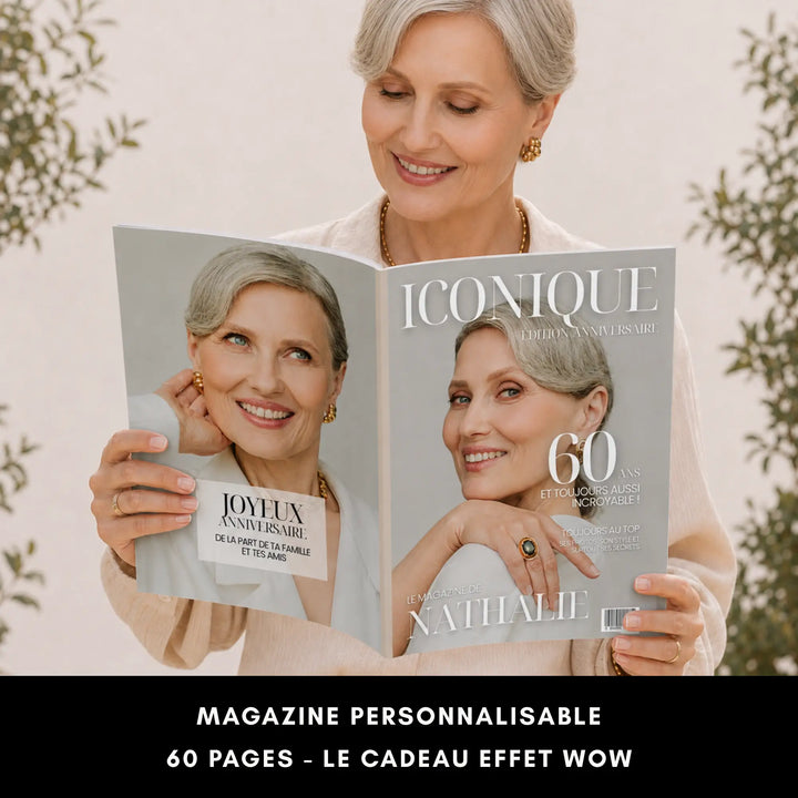 Magazine anniversaire 60 ans personnalisable, 60 pages, feuilleté par une femme souriante