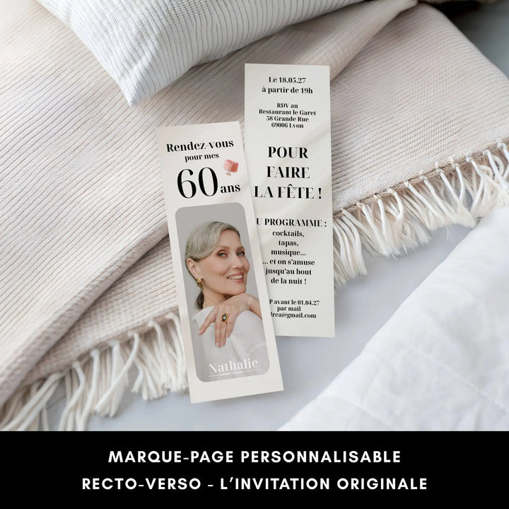 Marque-page anniversaire 60 ans personnalisable recto-verso, l&