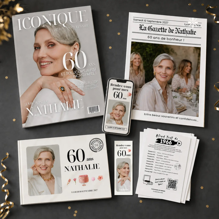 Kit anniversaire 60 ans personnalisable : magazine, gazette, livre d&