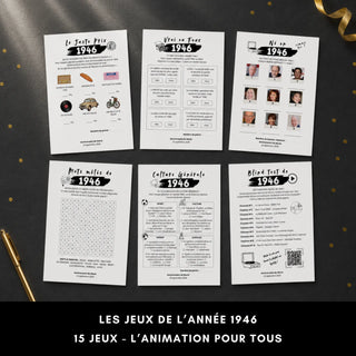 Jeux anniversaire 80 ans personnalisables, année 1946, blind test, mots mêlés et quiz