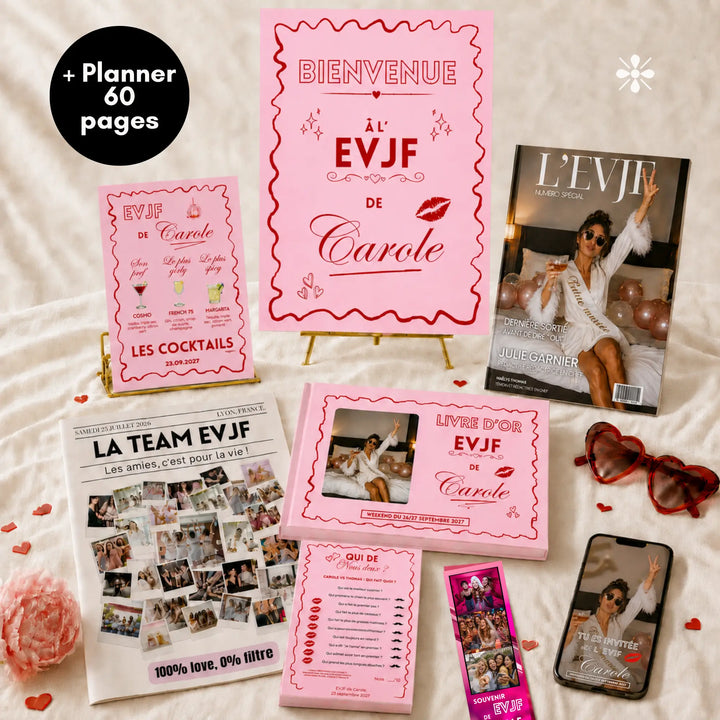 Tous les modèles du kit EVJF personnalisé premium réunis : panneau de bienvenue, menu du bar, magazine, gazette, livre d&