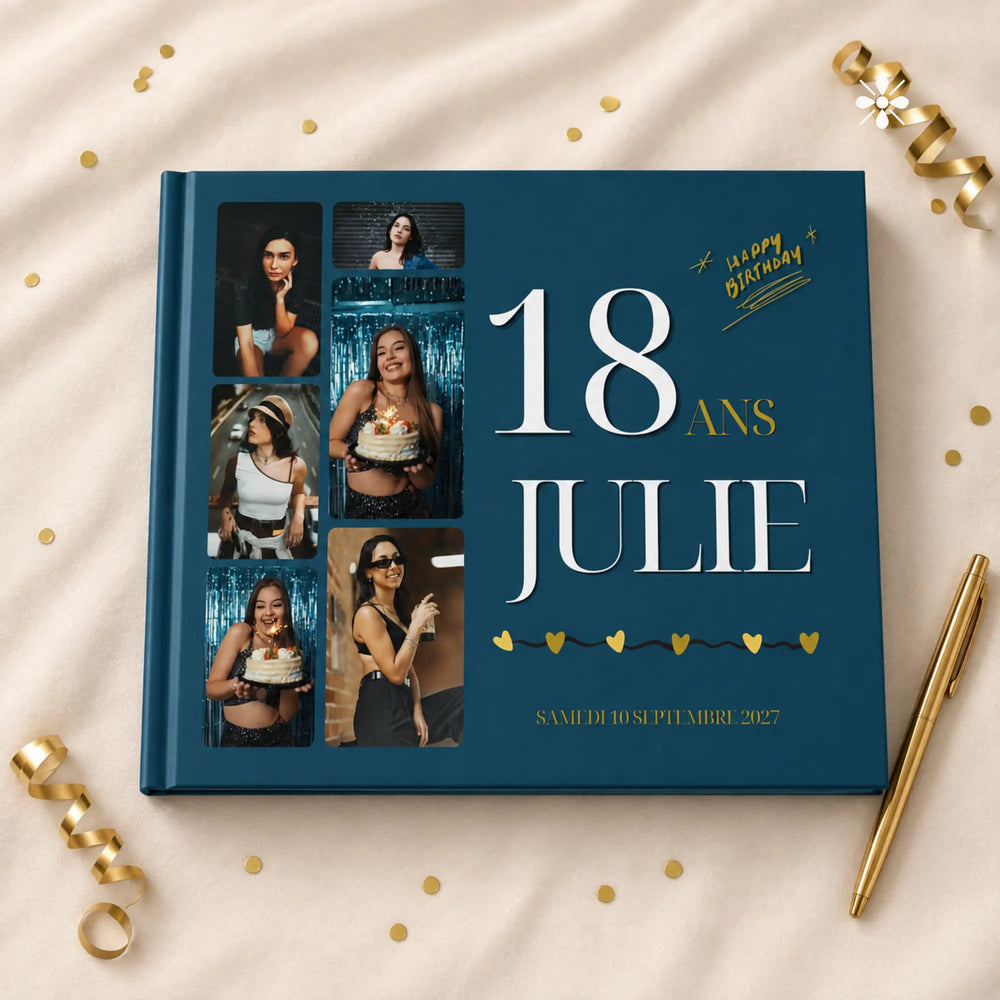 Couverture du livre d'or personnalisable anniversaire 18 ans posée sur des confettis dorés