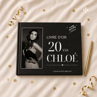 Couverture du livre d'or personnalisable anniversaire 20 ans, noire, posée à plat