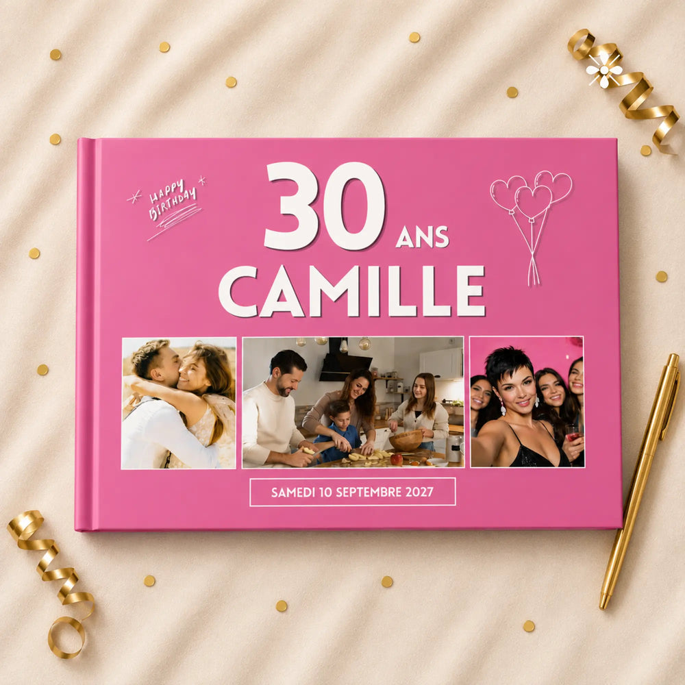 Couverture du livre d'or personnalisable anniversaire 30 ans, rose, posée à plat