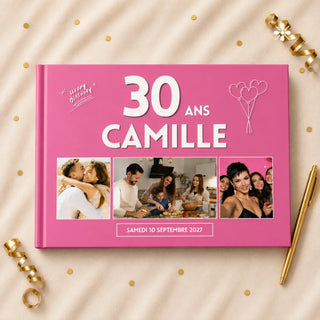 Couverture du livre d'or personnalisable anniversaire 30 ans, rose, posée à plat