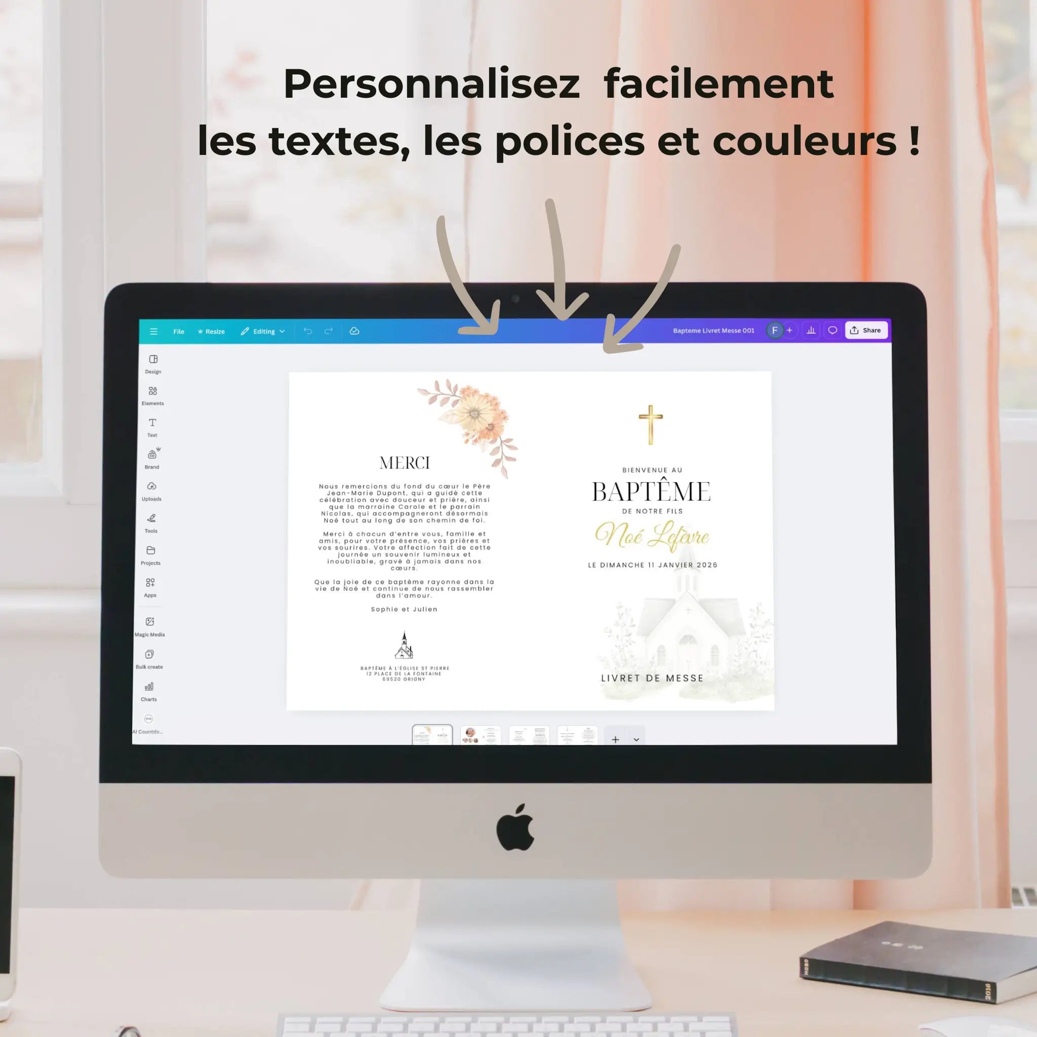 Exemple de livret de messe baptême personnalisable sur Canva avec textes et photos modifiables