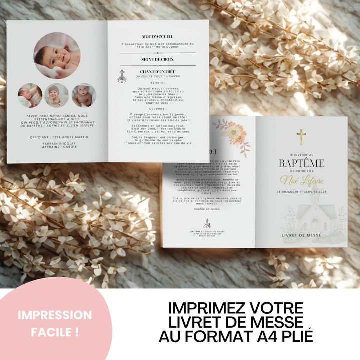 Livret de messe baptême personnalisable – impression facile au format A4 plié