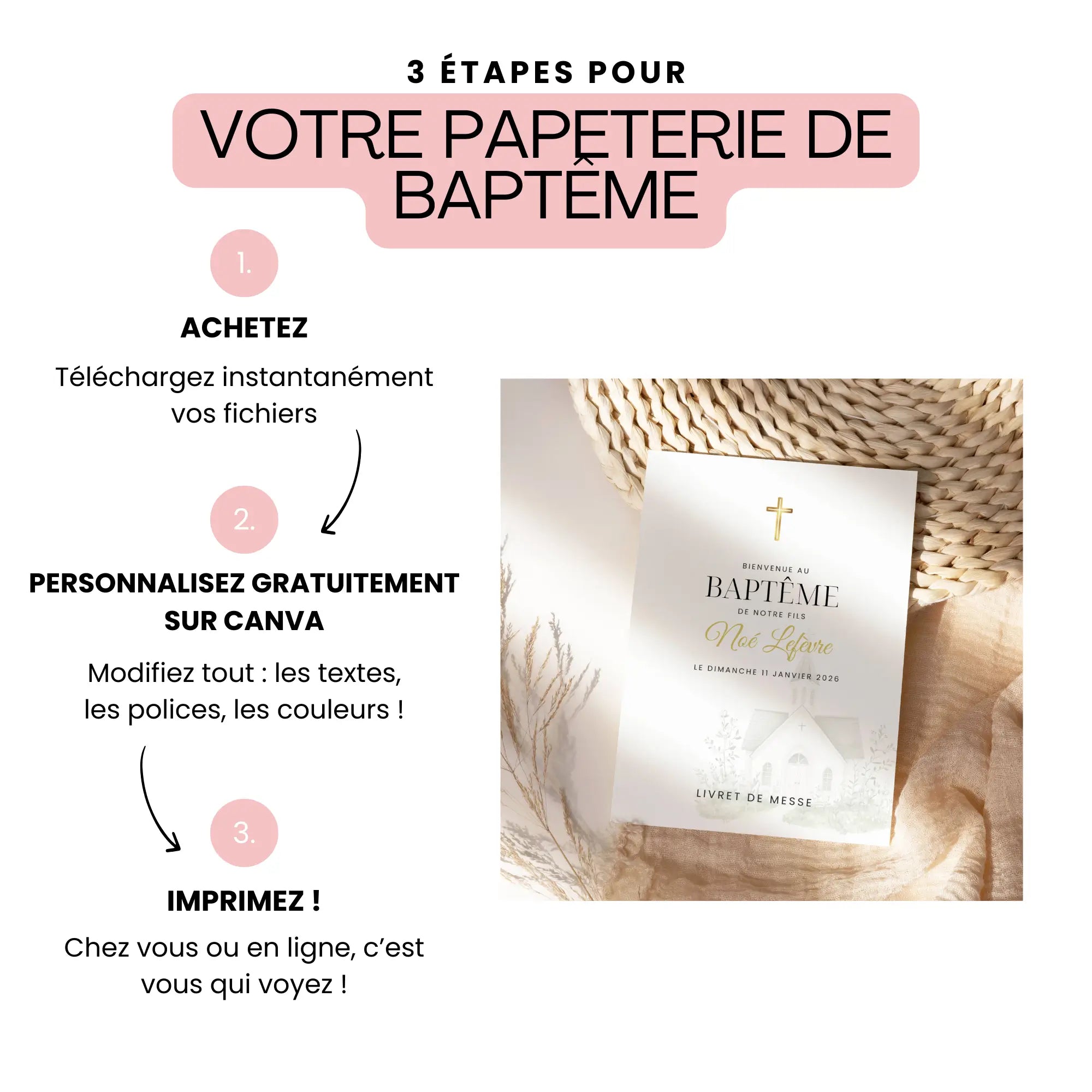 Étapes pour créer un livret de messe baptême personnalisable sur Canva avec impression facile