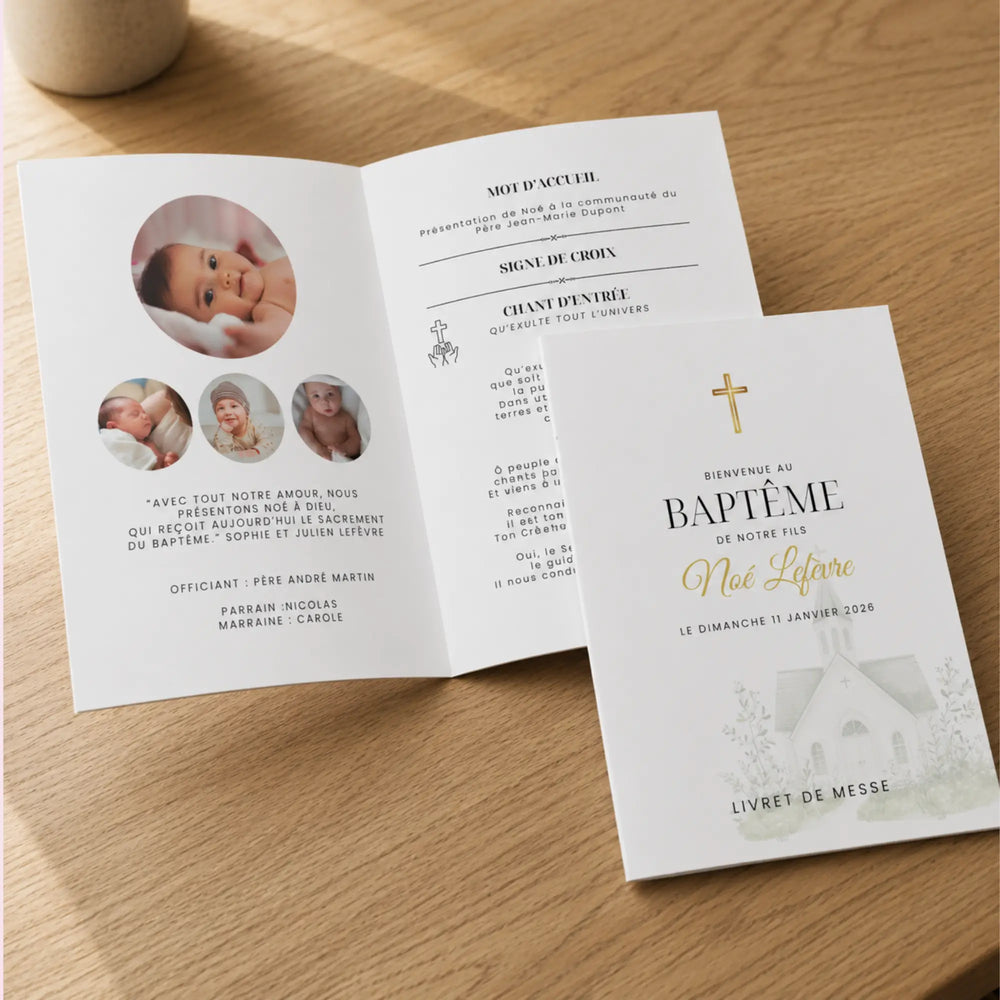 Livret de messe baptême personnalisable – couverture élégante et intérieur avec photos et chants