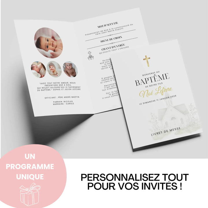 Livret de messe baptême personnalisable – couverture élégante et intérieur avec photos et chants