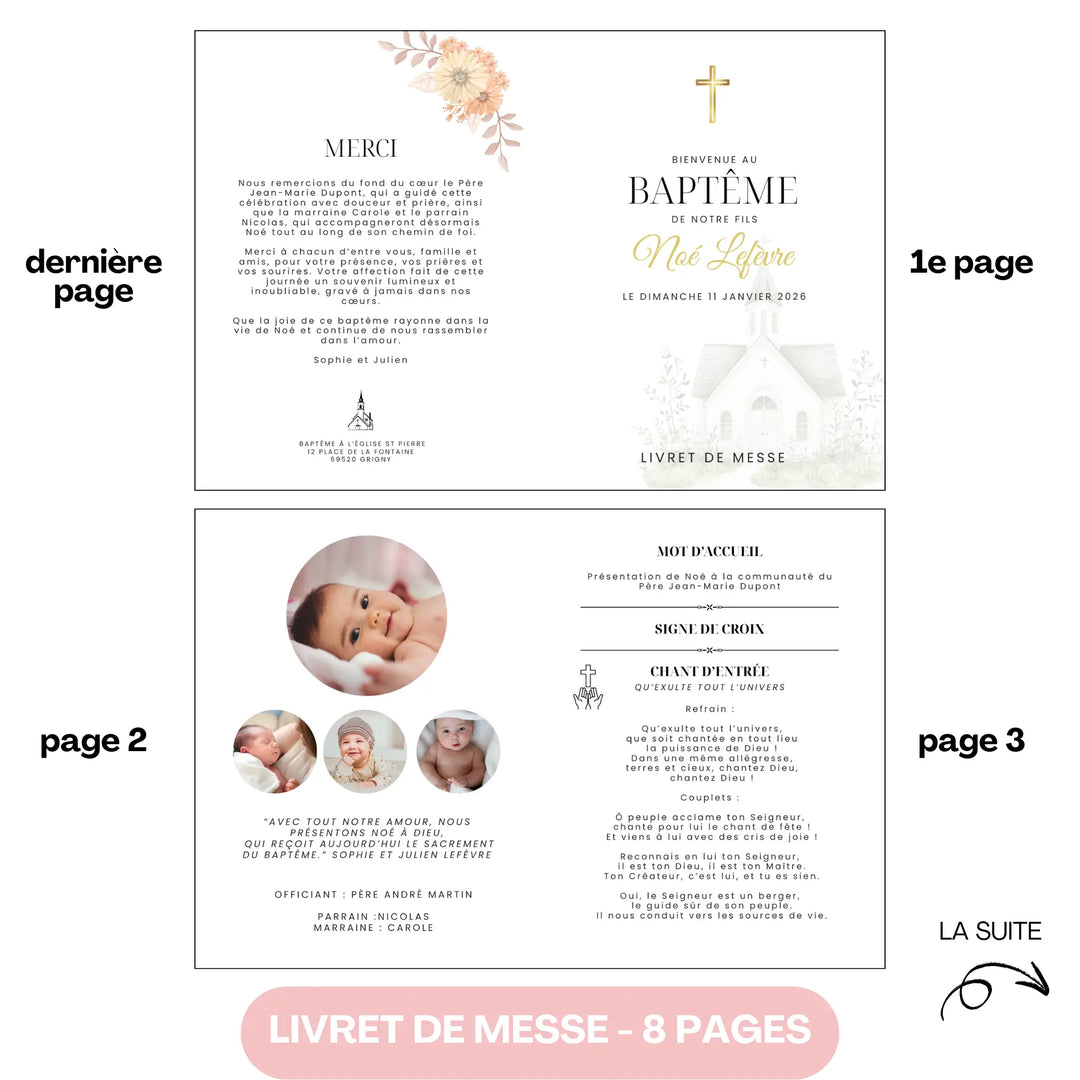 Aperçu livret de messe baptême personnalisable – couverture, pages intérieures et page de remerciements