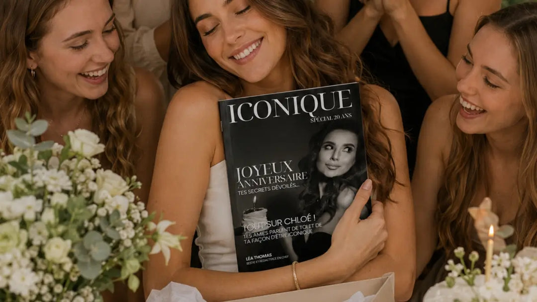 Magazine personnalisé anniversaire 20 ans offert entre amies, couverture Iconique et bougie d'anniversaire