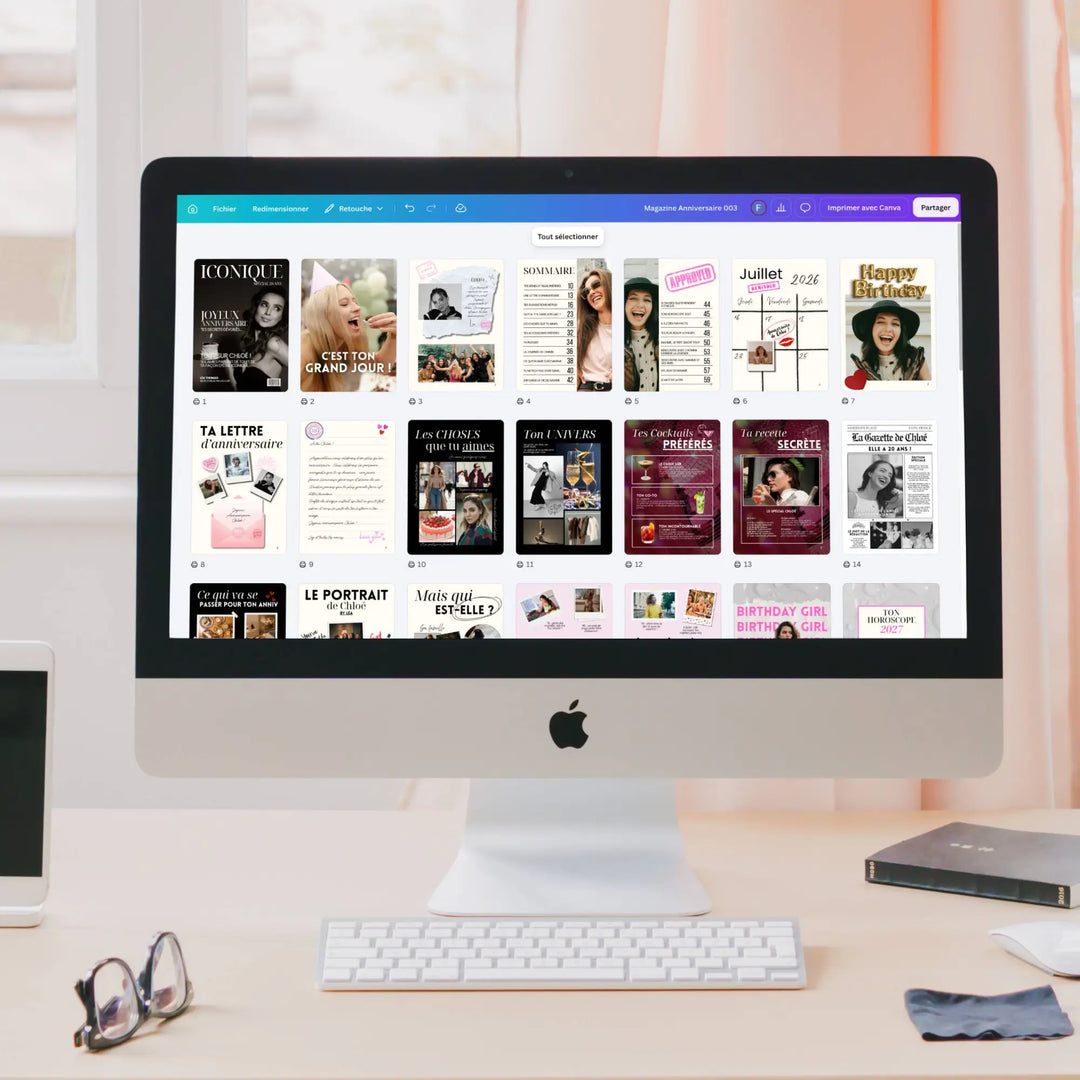 Vue écran canva du magazine personnalisé 20 ans pour femme.