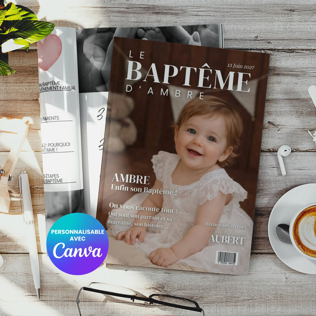 Photo d'un magazine de baptême personnalisé que des parents on fait pour leur bébé avec un modèle Canva. 