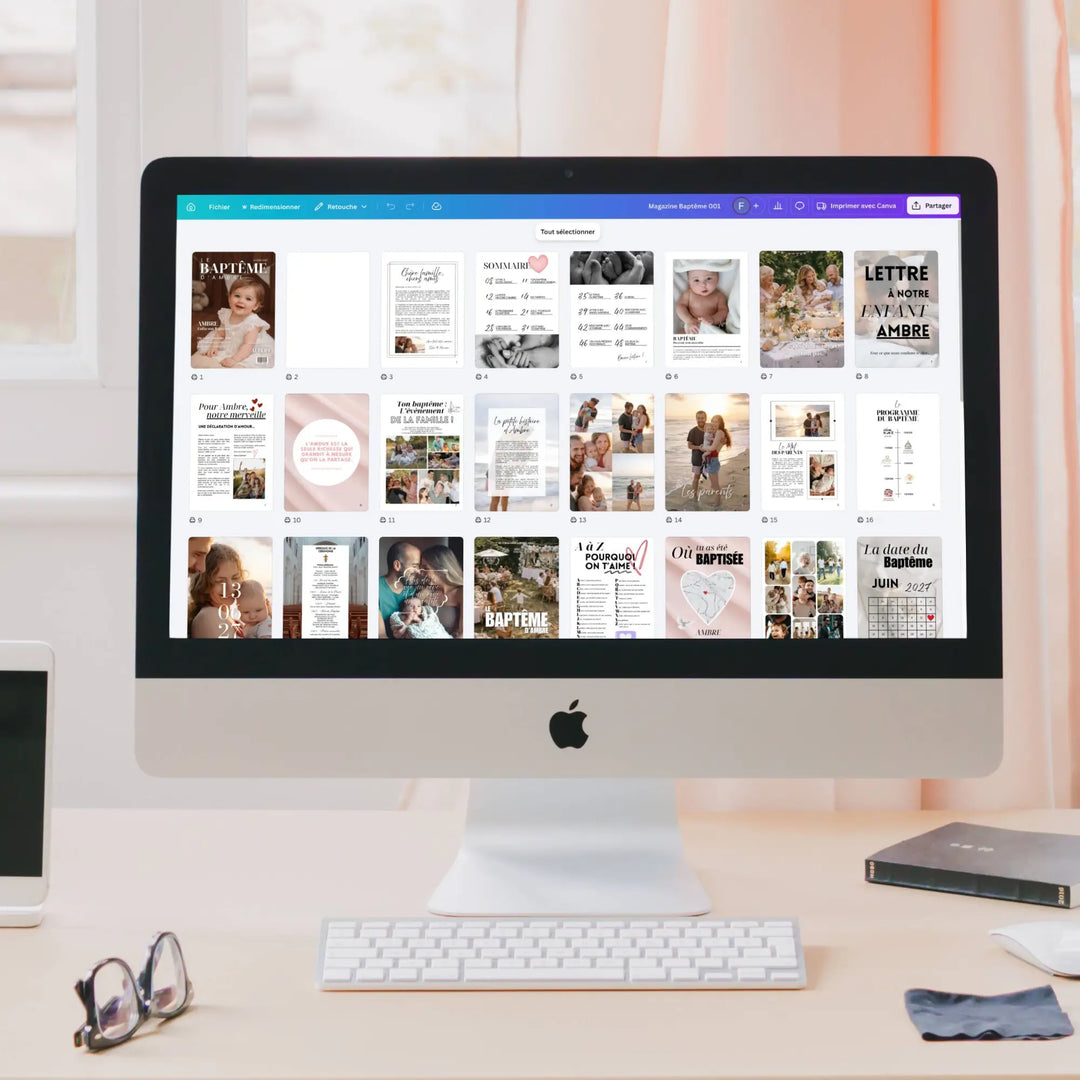 Vue ordinateur des pages du journal baptême personnalisable au format magazine.