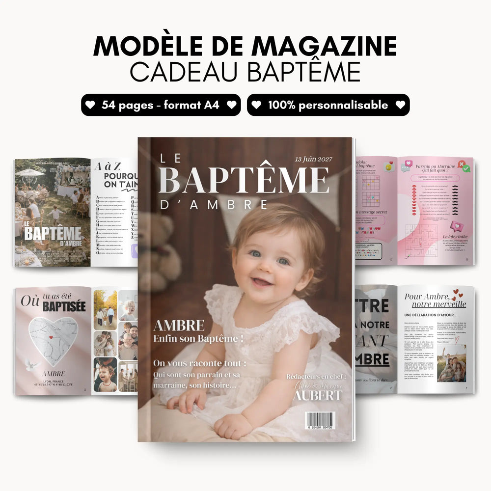 Journal souvenir du baptême avec 54 pages au format A4 et personnalisable