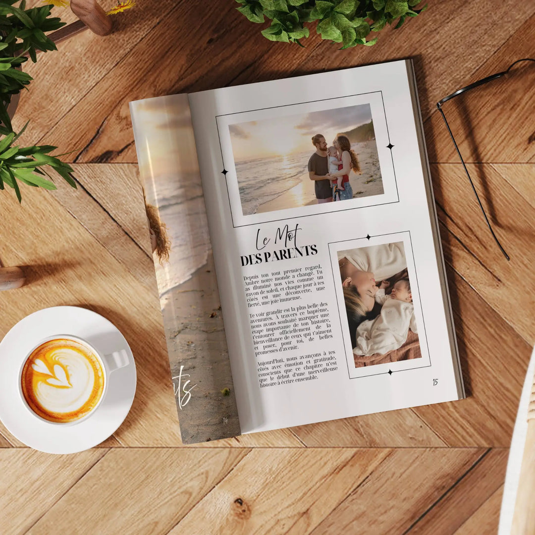 Photo d'un magazine baptême, beau journal personnalisé baptême avec le mot des parents au bébé.
