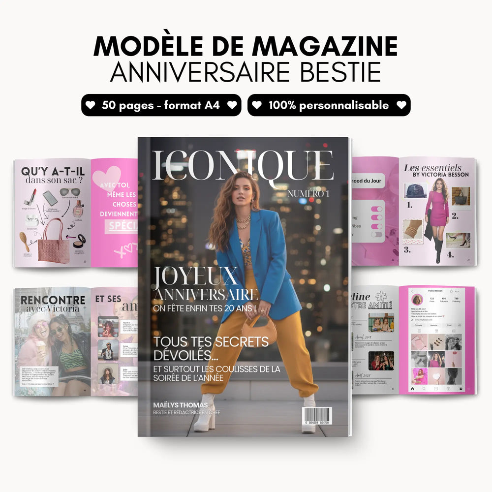 Mockup d'un magazine anniversaire bestie personnalisé avec la couverture et des pages intérieures ouvertes.