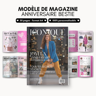 Mockup d'un magazine anniversaire bestie personnalisé avec la couverture et des pages intérieures ouvertes.