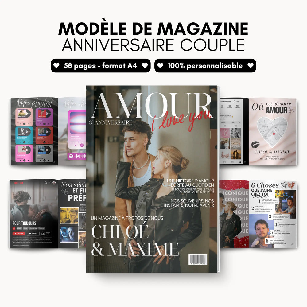 Mockup d'un magazine cadeau couple personnalisé avec la couverture et des pages intérieures ouvertes.