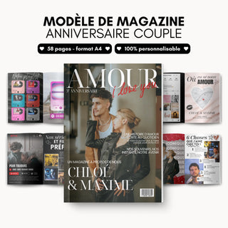 Mockup d'un magazine cadeau couple personnalisé avec la couverture et des pages intérieures ouvertes.