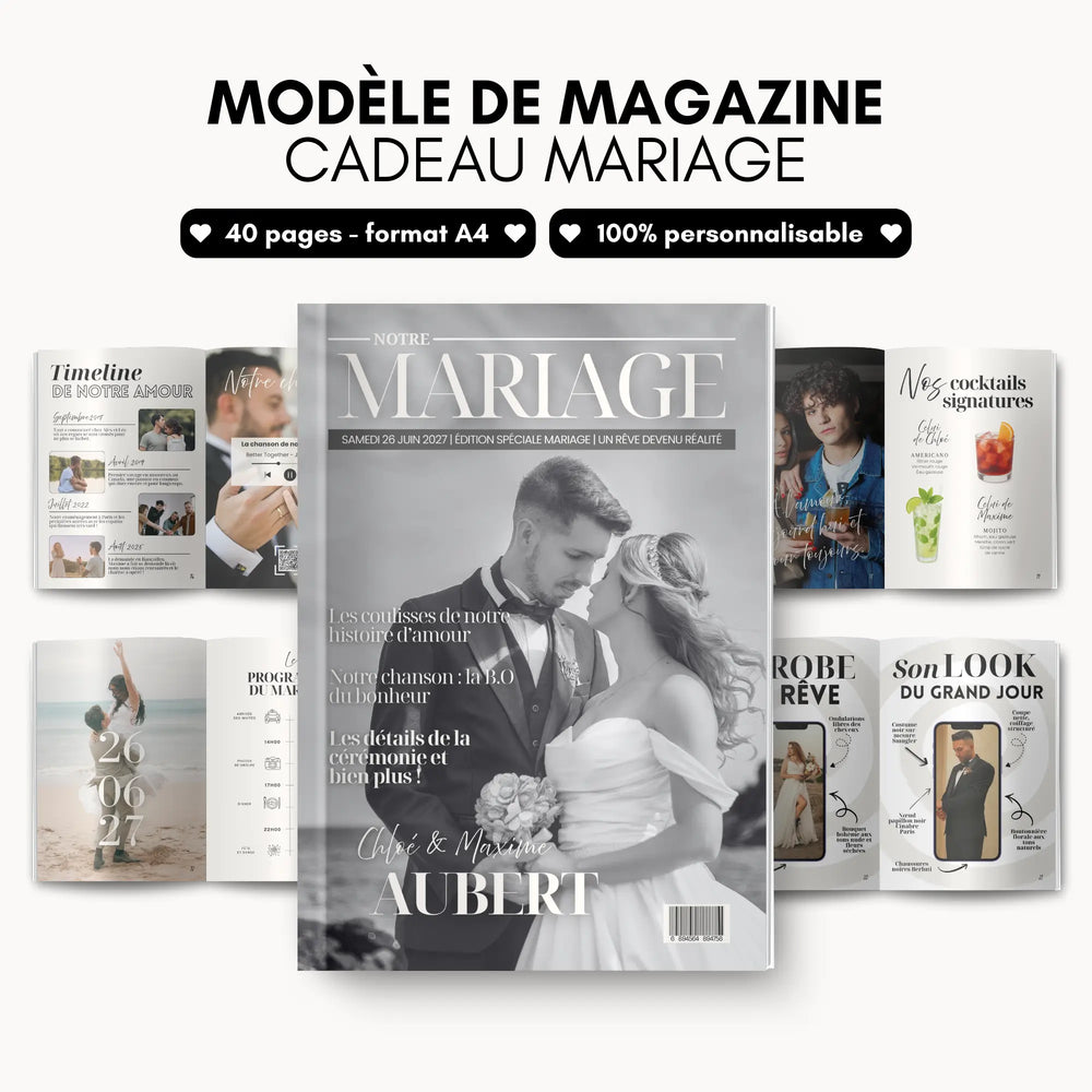Mockup d'un magazine cadeau invité mariage personnalisé avec la couverture et des pages intérieures ouvertes.