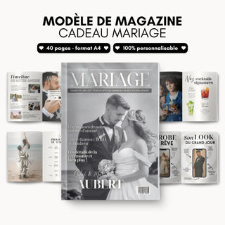 Mockup d'un magazine cadeau invité mariage personnalisé avec la couverture et des pages intérieures ouvertes.