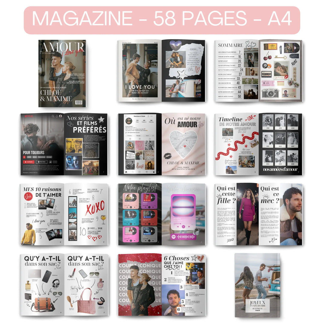Aperçu des pages du cadeau pour lui personnalisé. Pages de magazines au format A4 totalement personnalisale.