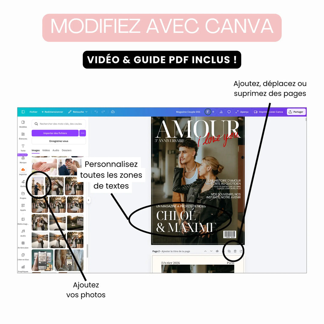 Explications des modifications possibles dans Canva pour personnaliser le maazine.
