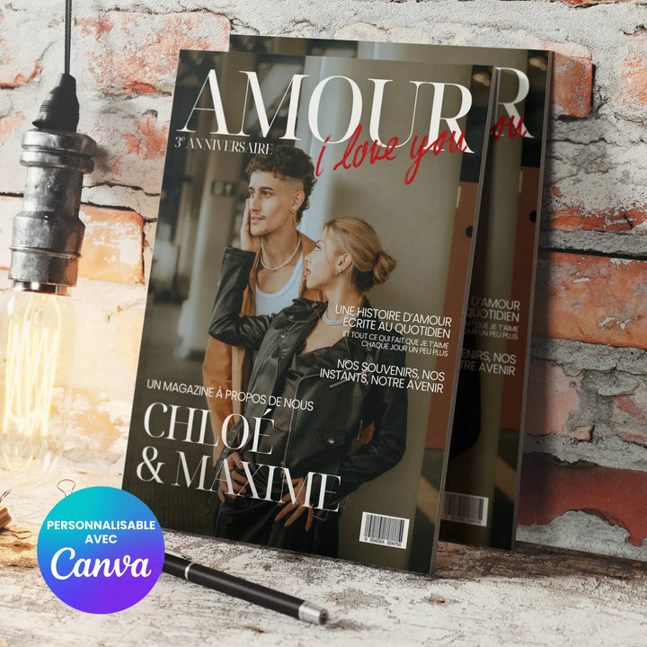 Photo de la couverture du magazine couple personnalisable, un modèle Canva pour une idée de cadeau pour anniversaire.