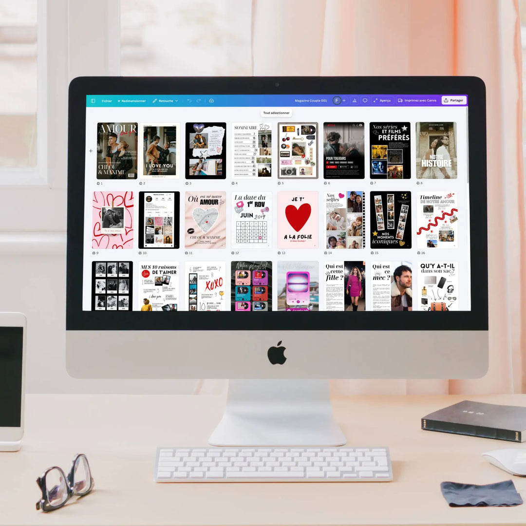 Ordinateur sur un écran Canva montrant les pages du magazine couple personnalisé.