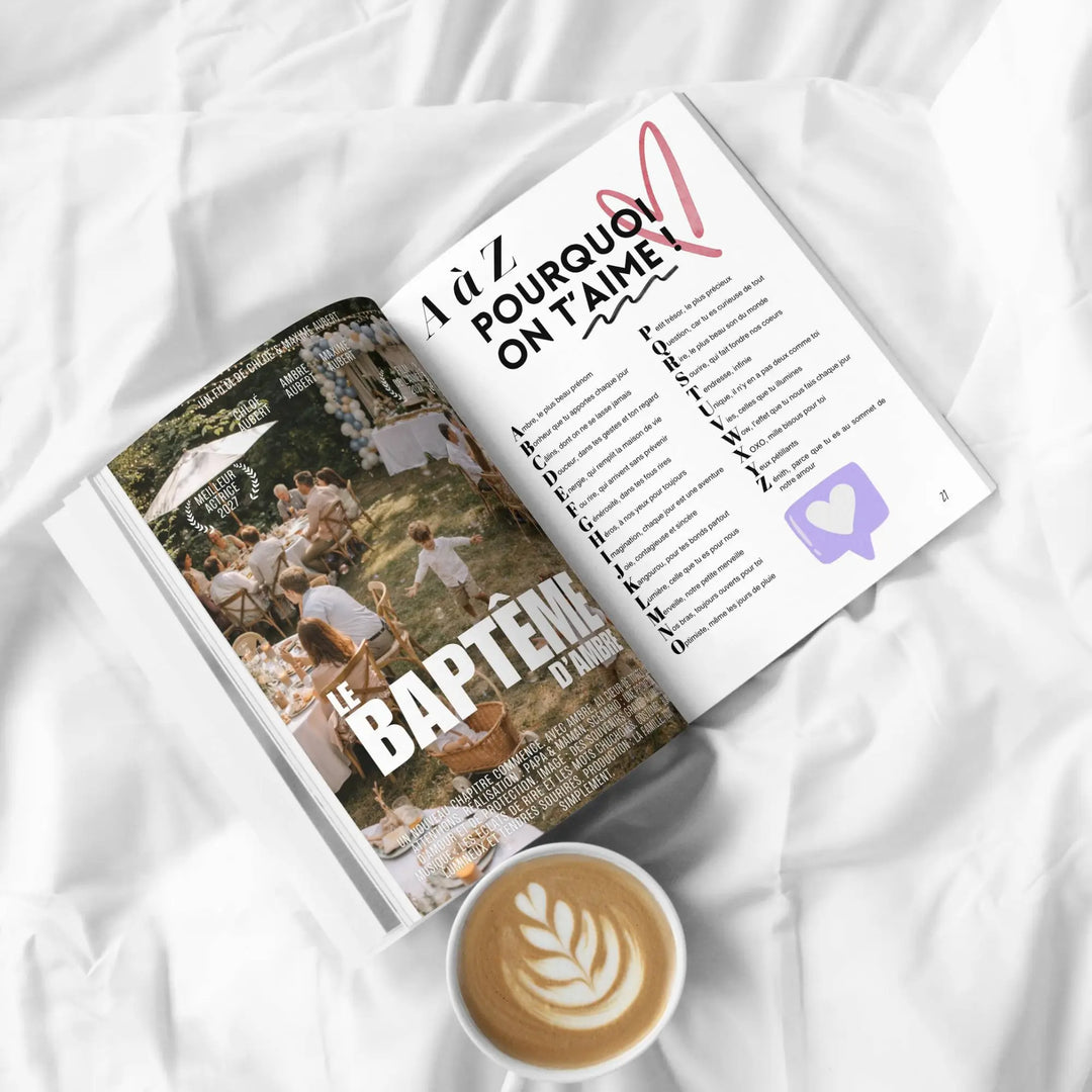 Photo des pages d'un journal baptême avec une affiche de film et pourquoi on t'aime pour le bébé.